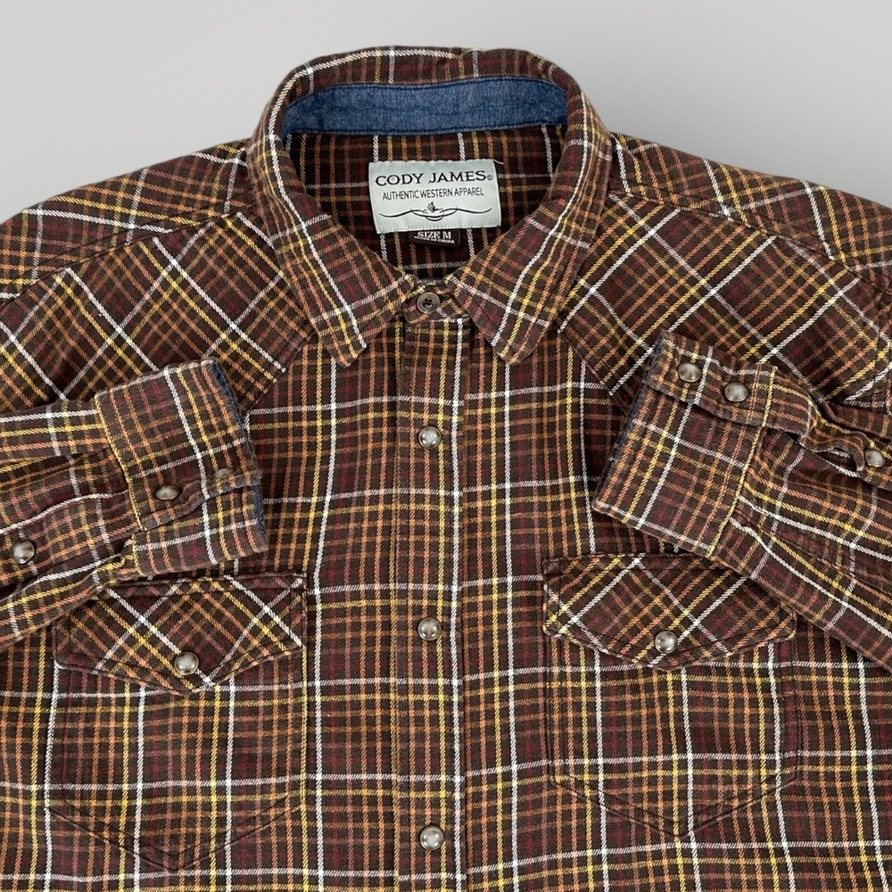 Cody James Pearl Snap Flannel Shirt Mens M Brown Yellow Plaid Western Cowboy